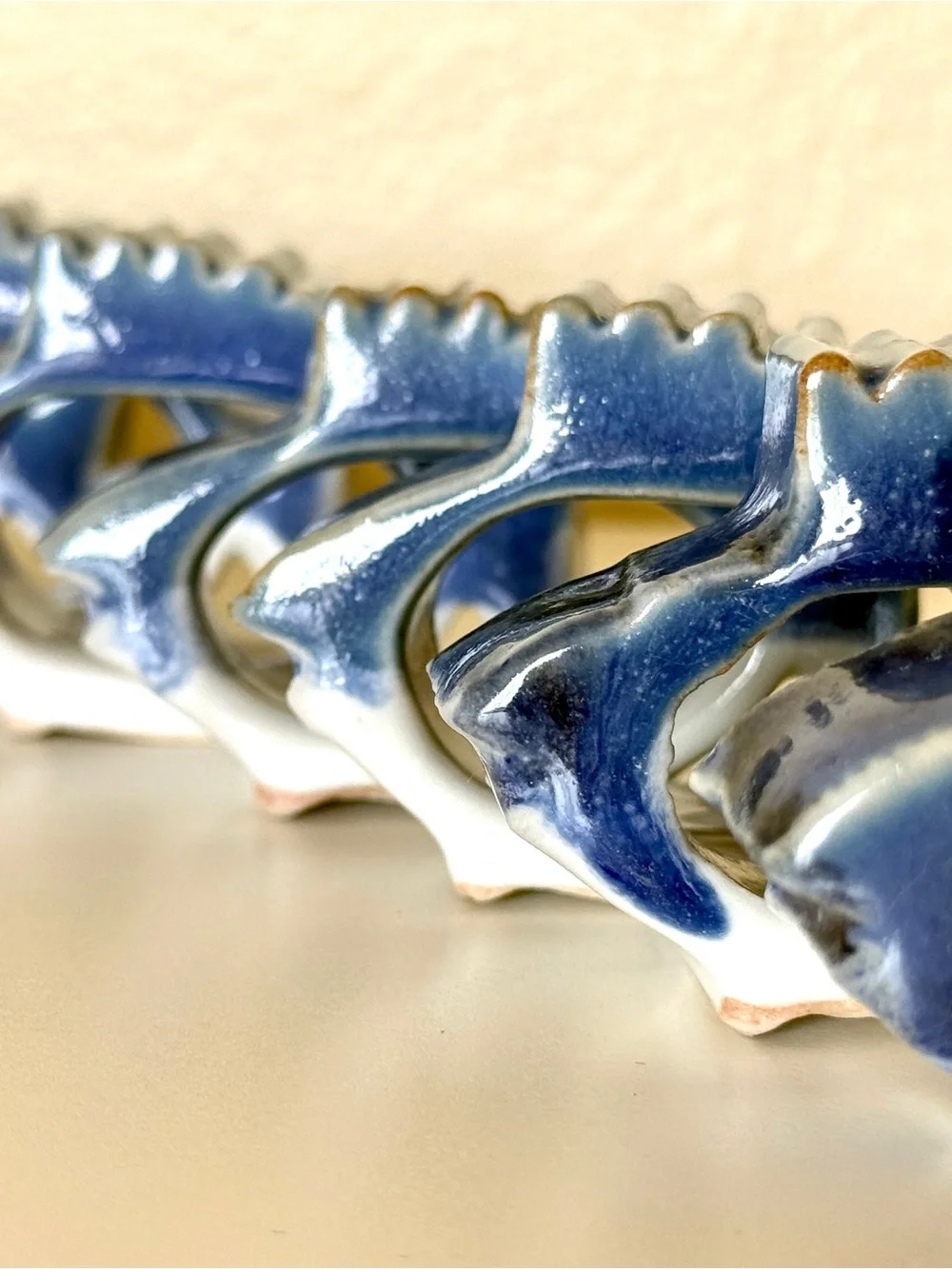 Vintage Blue White Ceramic Fish Napkin Rings Set of 8 Coastal Nautical Decor